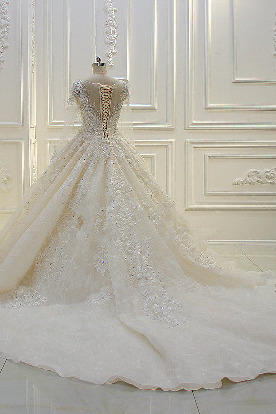 Bateau Long Sleeves Lace Appliques Ball Gown Wedding Dress-BallBride