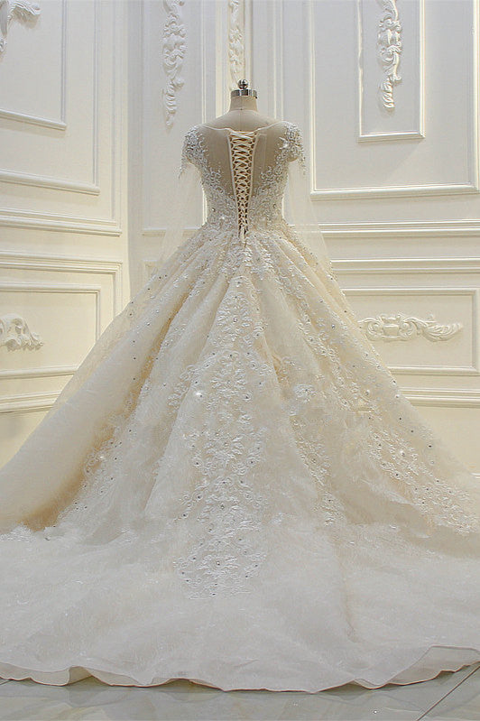 Bateau Long Sleeves Lace Appliques Ball Gown Wedding Dress-BallBride
