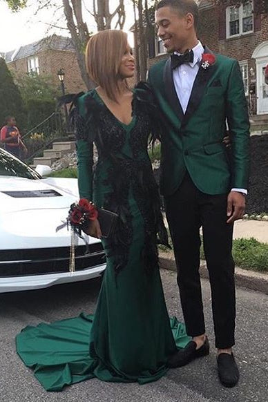 Be Stylish in with Dark Green Prom Attire for Guys ¡§C Black Satin Lapel-BallBride