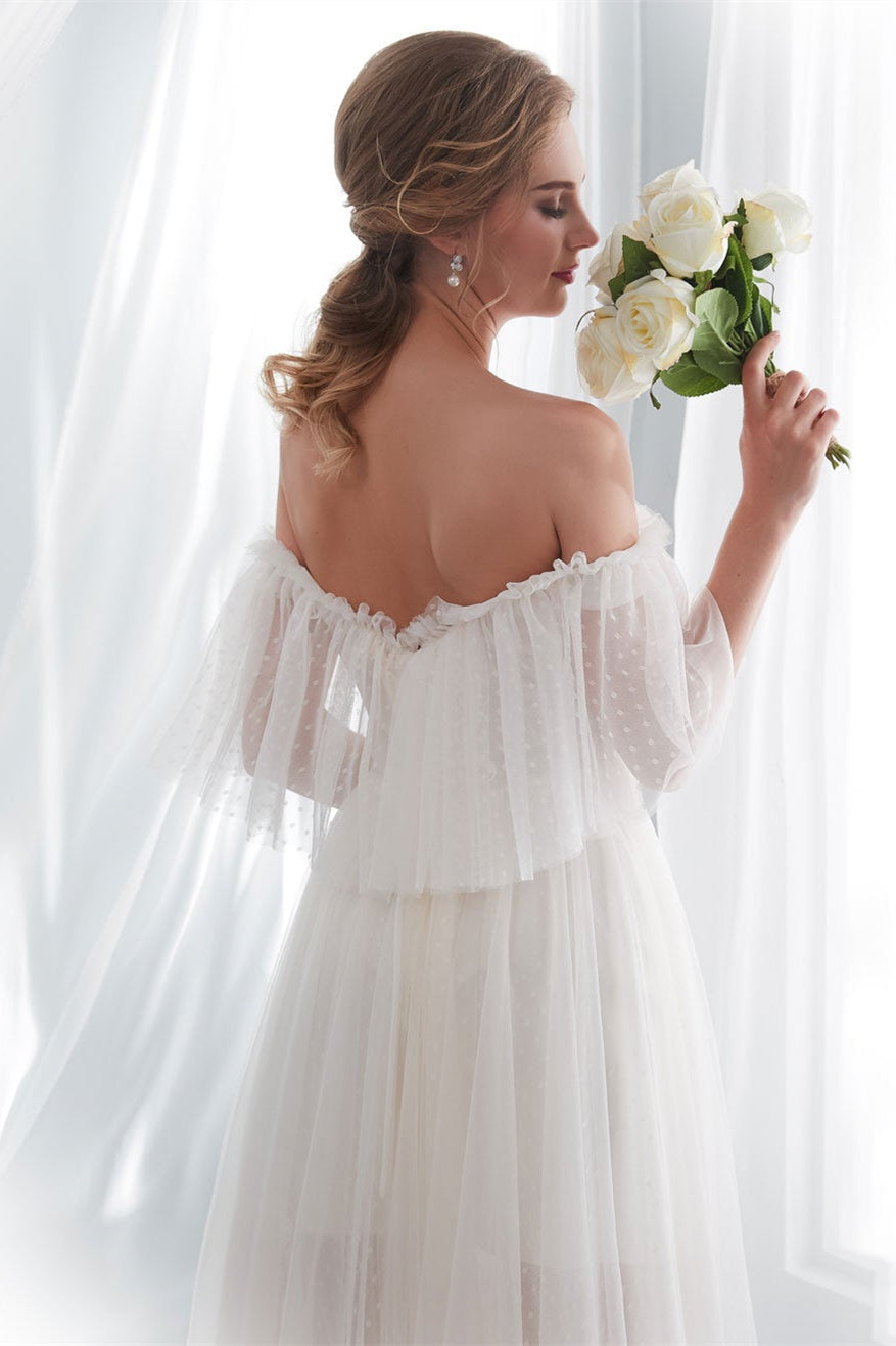 Beach Tulle Wedding Dress with Off-the-Shoulder Style-BallBride