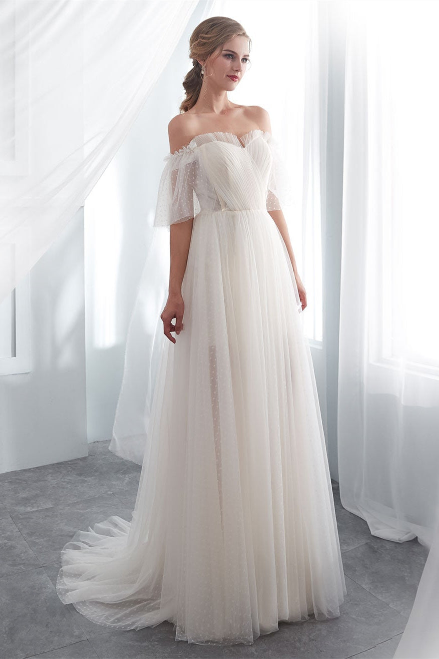 Beach Tulle Wedding Dress with Off-the-Shoulder Style-BallBride