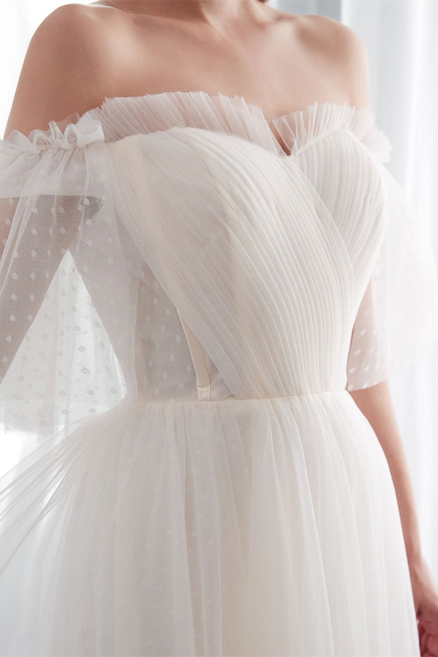 Beach Tulle Wedding Dress with Off-the-Shoulder Style-BallBride