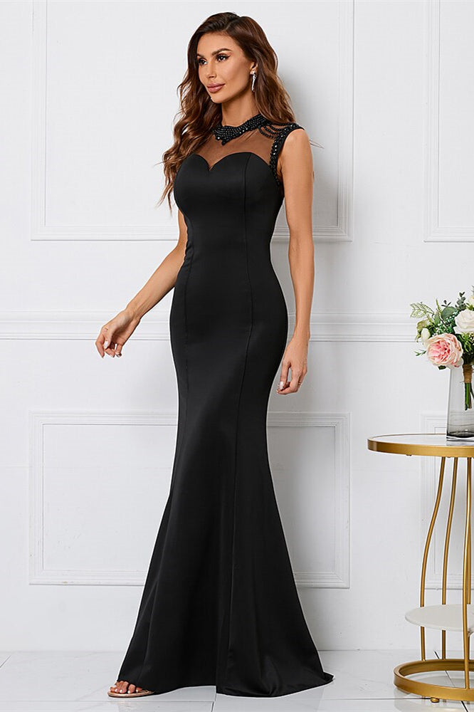 Beaded High Collar Mermaid Sleeveless Evening Dress - Black-BallBride