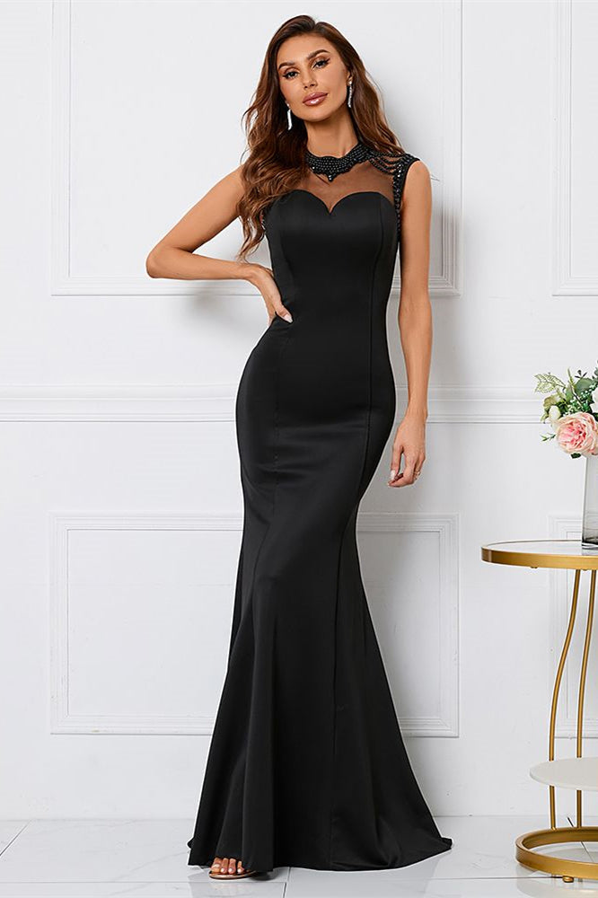 Beaded High Collar Mermaid Sleeveless Evening Dress - Black-BallBride