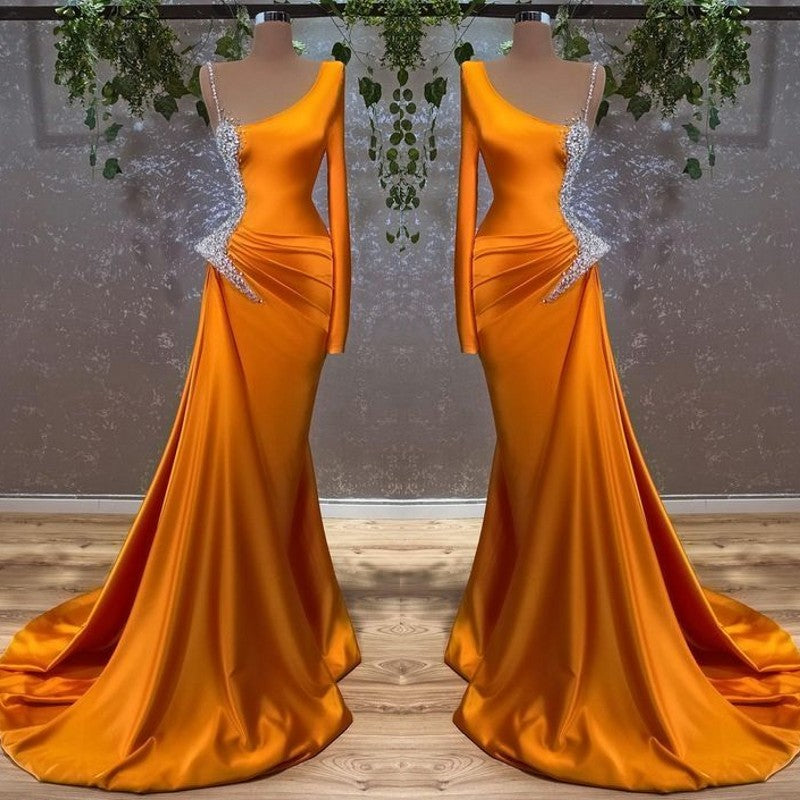 Beaded Long Sleeves Prom Dress in Burnt Orange Mermaid Style-BallBride
