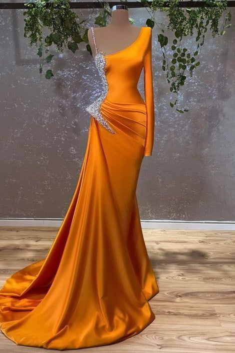 Beaded Long Sleeves Prom Dress in Burnt Orange Mermaid Style-BallBride