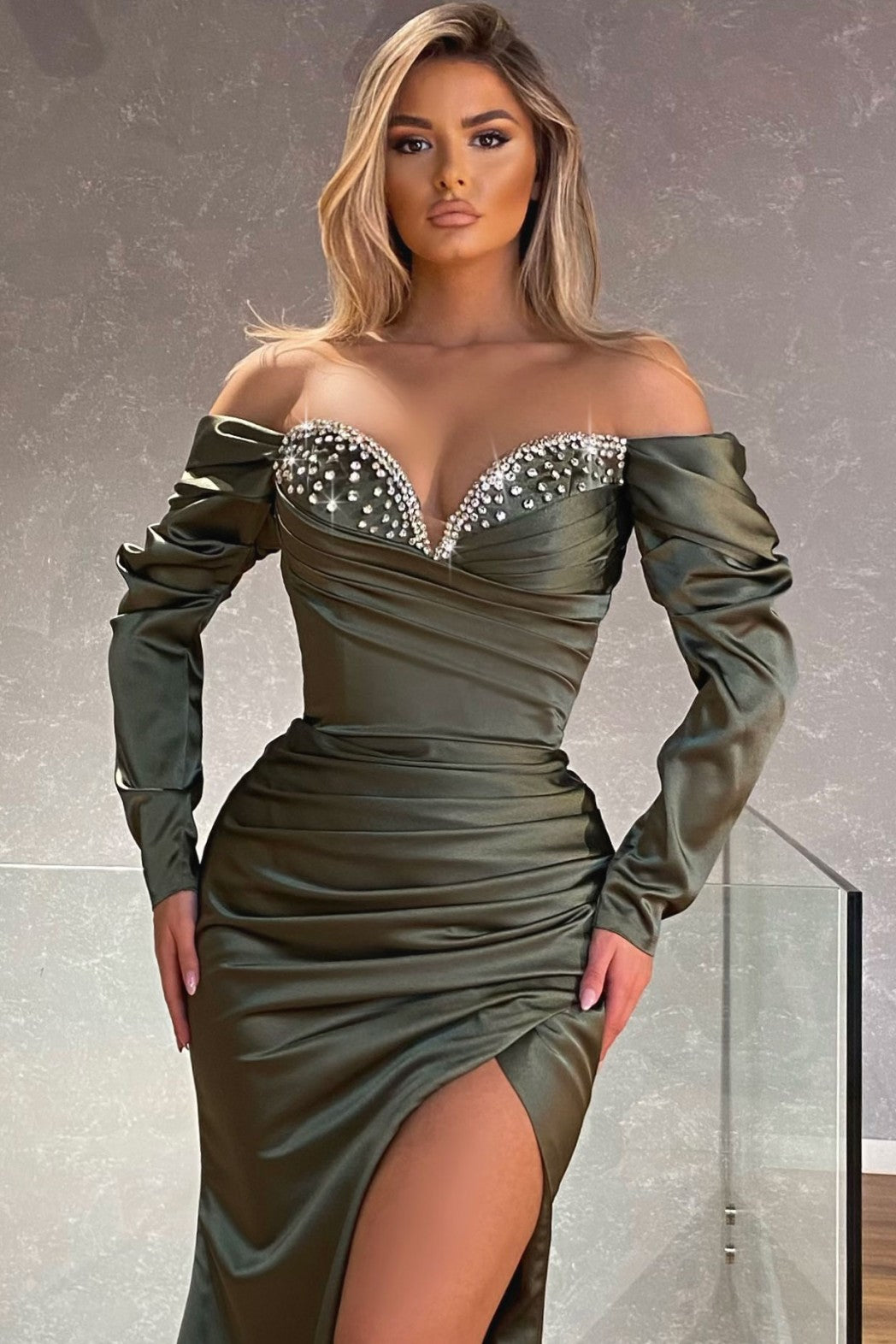 Beadings Side Slit Classic Long Sleeves Mermaid Prom Dress-BallBride