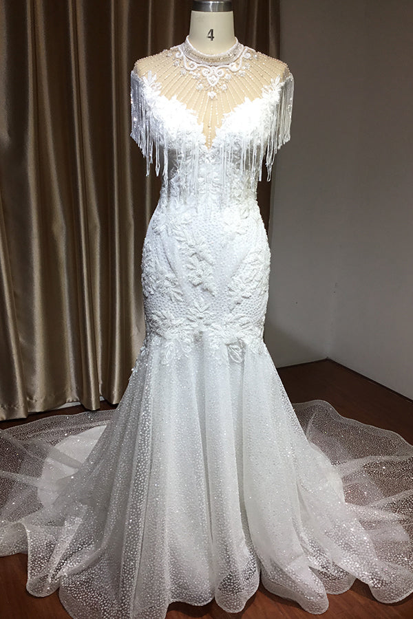 Beadings Tassel Shimmy Mermaid High Neck Wedding Dress-BallBride