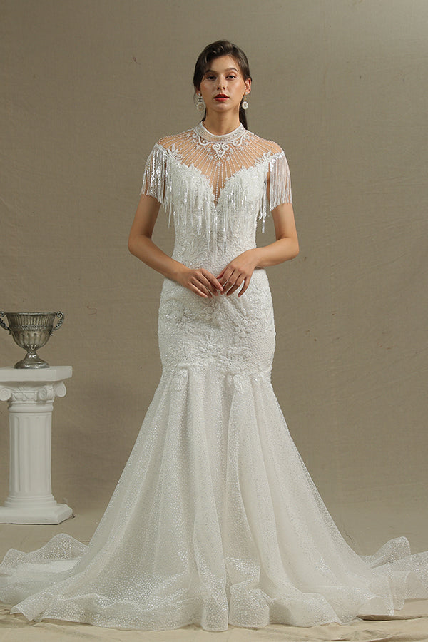 Beadings Tassel Shimmy Mermaid High Neck Wedding Dress-BallBride