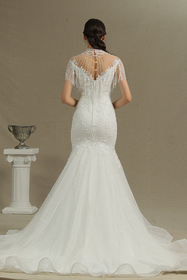 Beadings Tassel Shimmy Mermaid High Neck Wedding Dress-BallBride