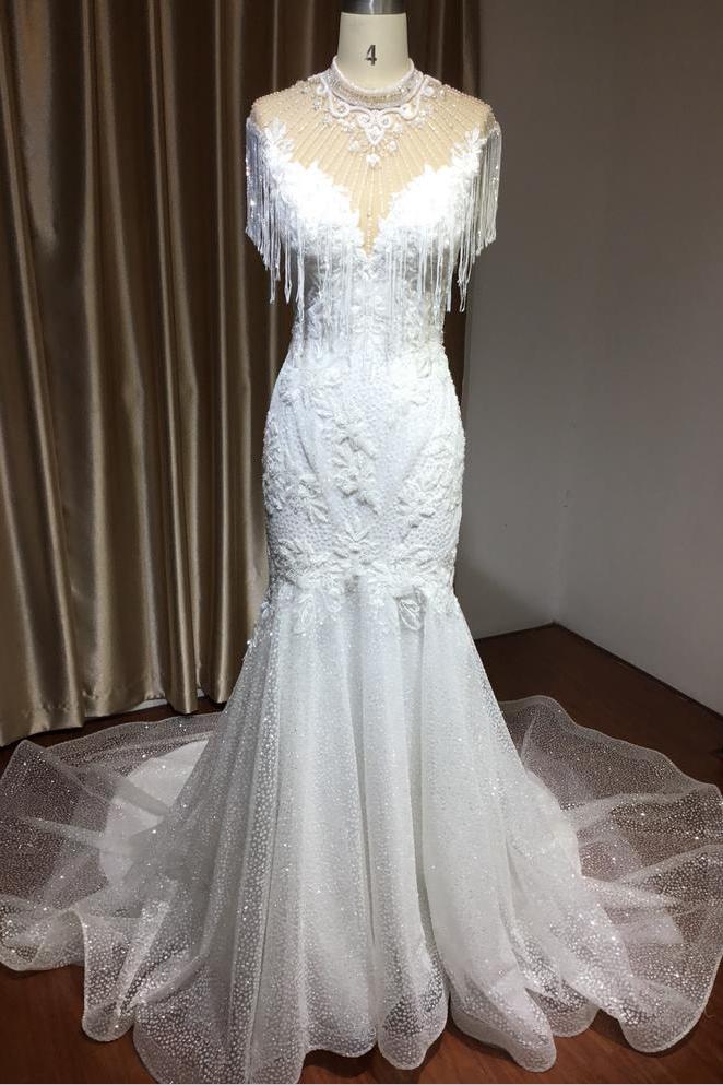 Beadings Tassel Shimmy Mermaid High Neck Wedding Dress-BallBride