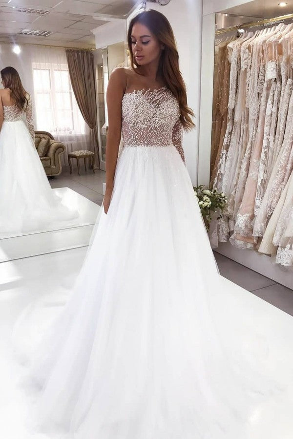 Beautiful A-Line Bateau Long Sleeve Floor-length Wedding Dress with Pearl Lace-BallBride