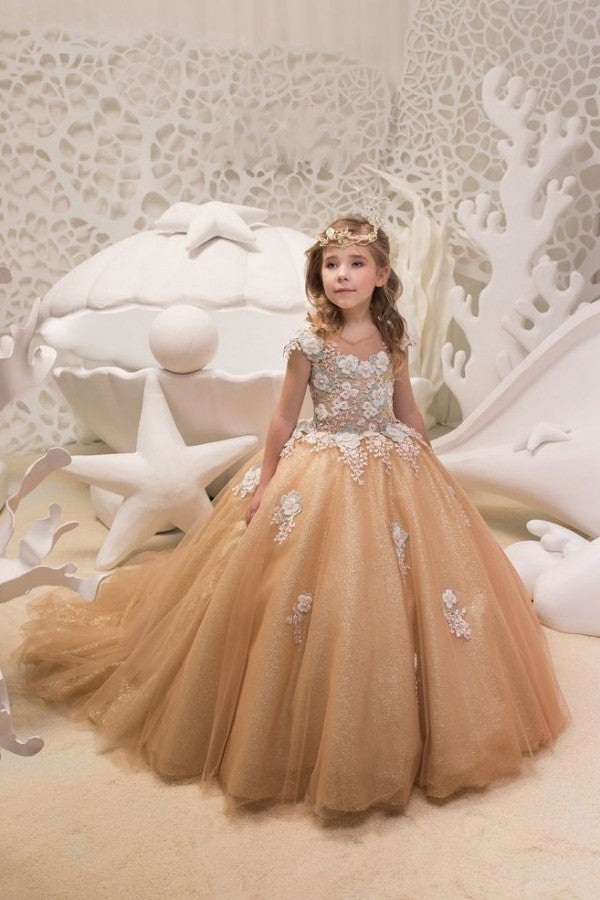 Beautiful A-line Bateau Train Flower Girl Dress with Tulle Lace Sequins and Appliques-BallBride