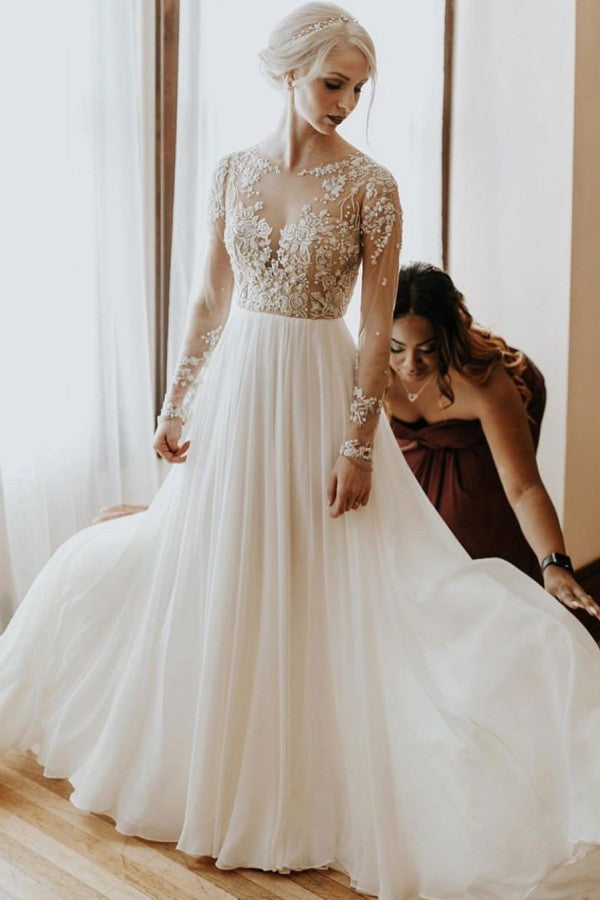 Beautiful A-Line Chiffon Wedding Dress with Lace Appliques-BallBride