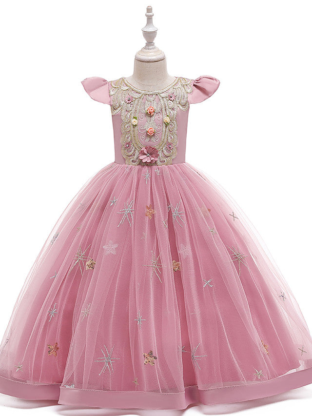 Beautiful A-Line Flower Girl Dress with Short Sleeve and Tulle Satin Long-BallBride