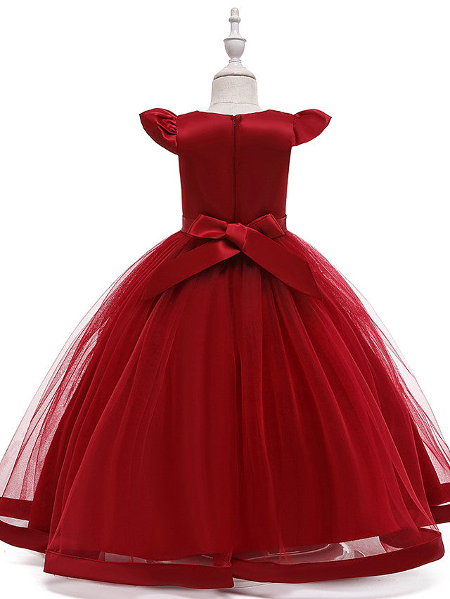 Beautiful A-Line Flower Girl Dress with Short Sleeve and Tulle Satin Long-BallBride