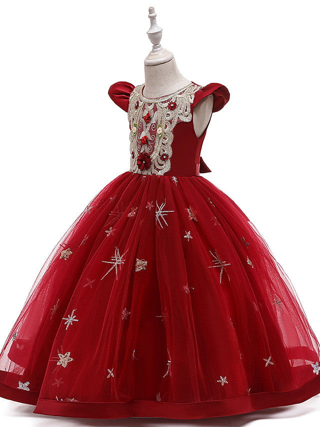 Beautiful A-Line Flower Girl Dress with Short Sleeve and Tulle Satin Long-BallBride