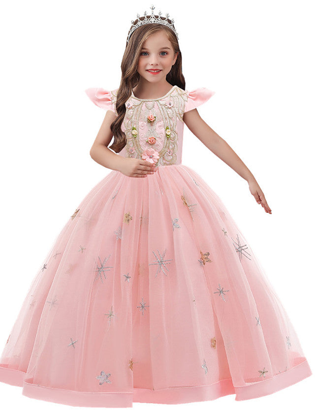 Beautiful A-Line Flower Girl Dress with Short Sleeve and Tulle Satin Long-BallBride