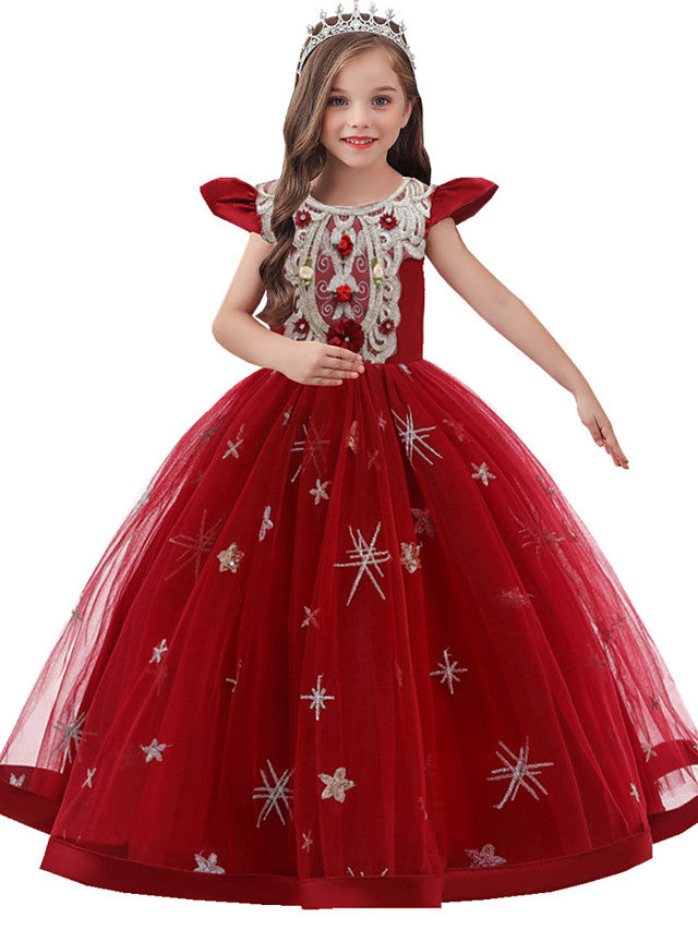 Beautiful A-Line Flower Girl Dress with Short Sleeve and Tulle Satin Long-BallBride