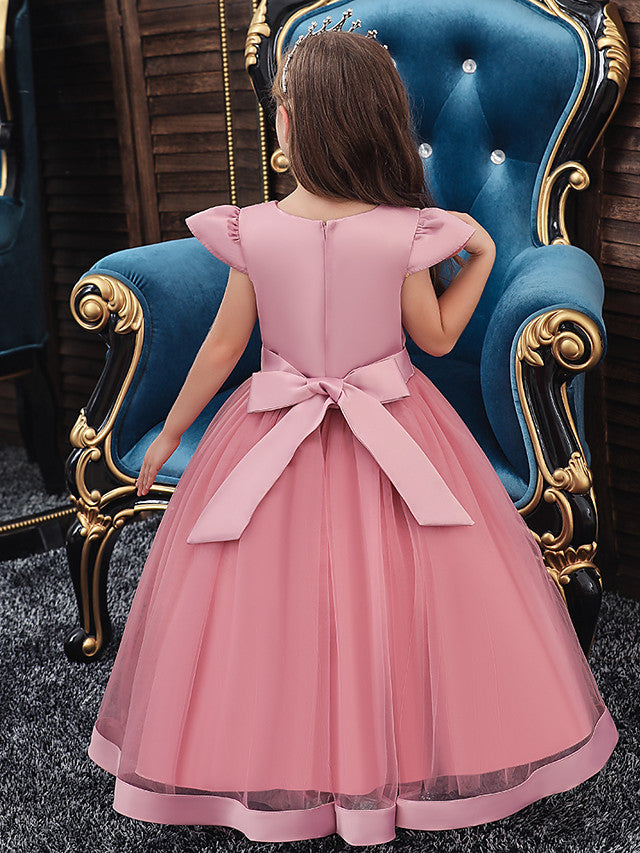 Beautiful A-Line Flower Girl Dress with Short Sleeve and Tulle Satin Long-BallBride