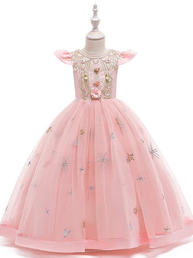 Beautiful A-Line Flower Girl Dress with Short Sleeve and Tulle Satin Long-BallBride