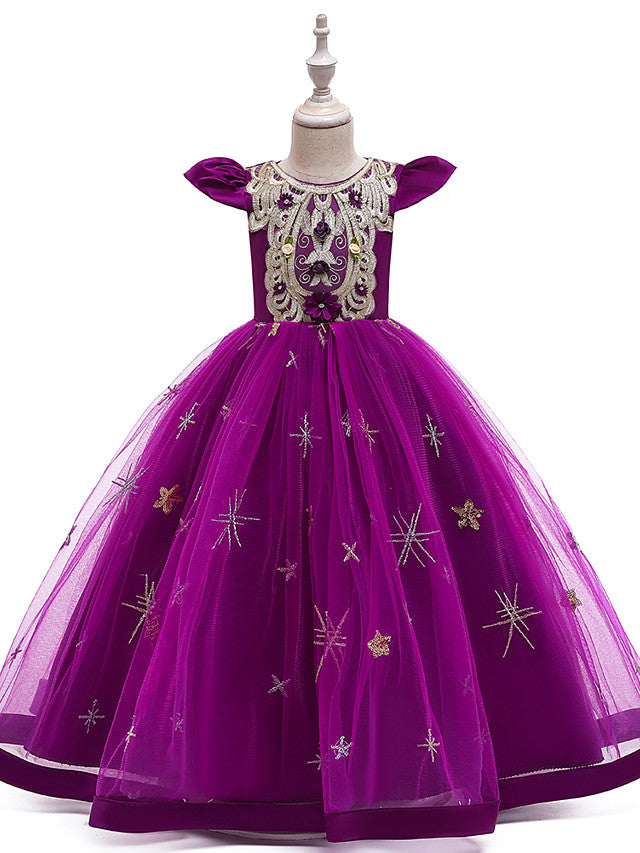 Beautiful A-Line Flower Girl Dress with Short Sleeve and Tulle Satin Long-BallBride