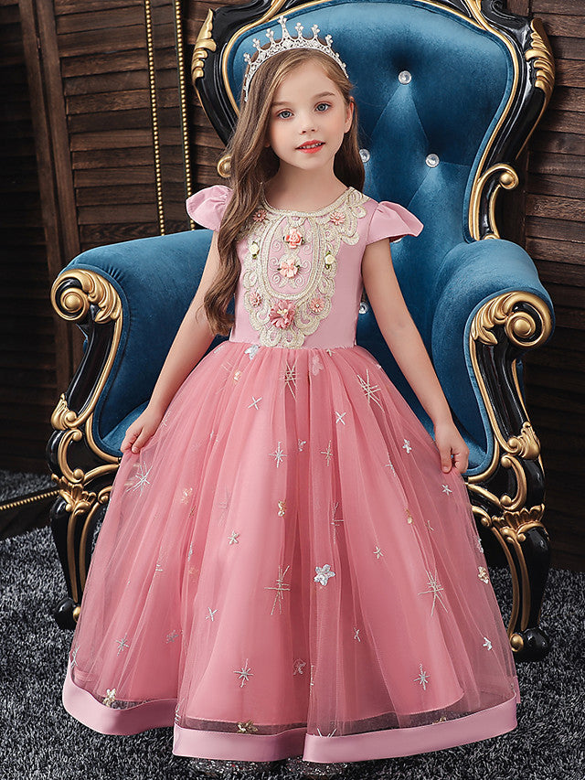 Beautiful A-Line Flower Girl Dress with Short Sleeve and Tulle Satin Long-BallBride
