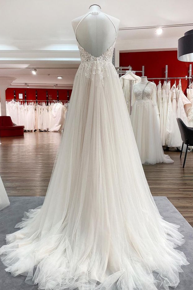 Beautiful A-Line Lace Tulle Wedding Dress with Halter Sleeves and Open Back-BallBride