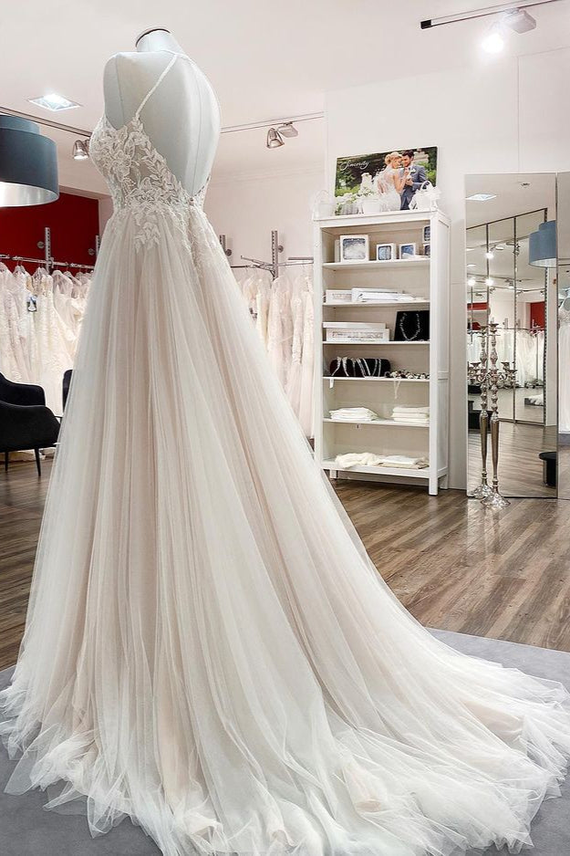 Beautiful A-Line Lace Tulle Wedding Dress with Halter Sleeves and Open Back-BallBride