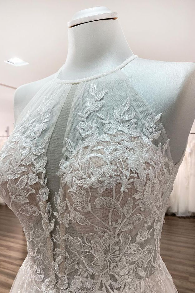 Beautiful A-Line Lace Tulle Wedding Dress with Halter Sleeves and Open Back-BallBride