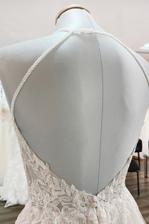 Beautiful A-Line Lace Tulle Wedding Dress with Halter Sleeves and Open Back-BallBride
