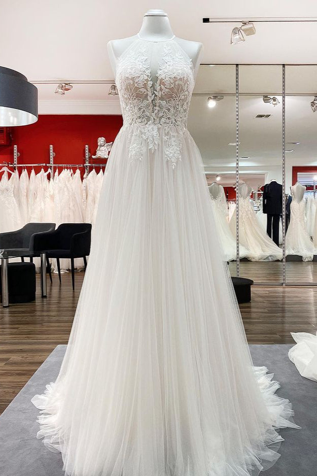 Beautiful A-Line Lace Tulle Wedding Dress with Halter Sleeves and Open Back-BallBride