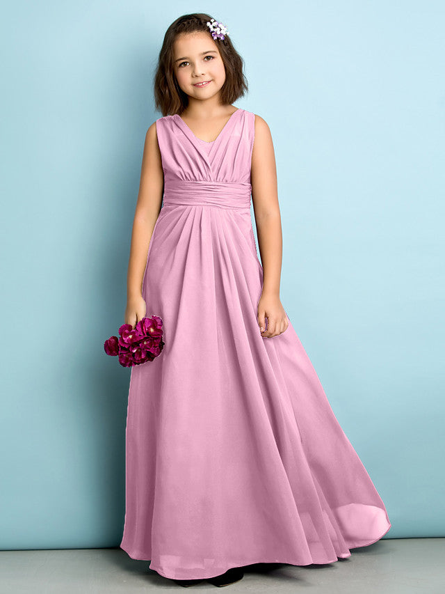Beautiful A-Line V Neck Chiffon Flower Girl Dress Floor Length With Criss Cross Natural Mini Me-BallBride