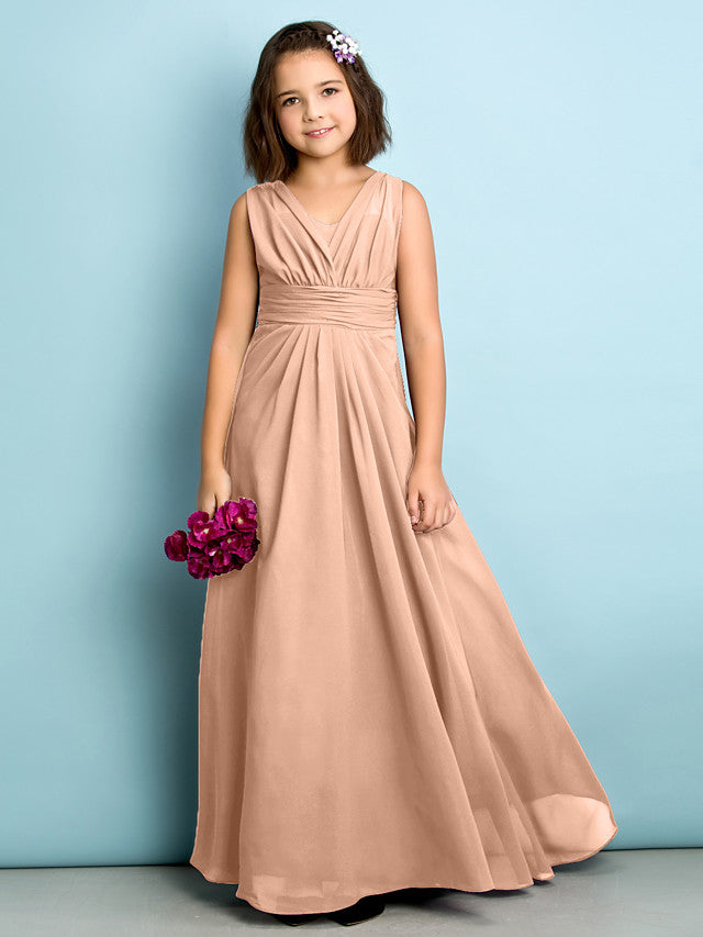 Beautiful A-Line V Neck Chiffon Flower Girl Dress Floor Length With Criss Cross Natural Mini Me-BallBride