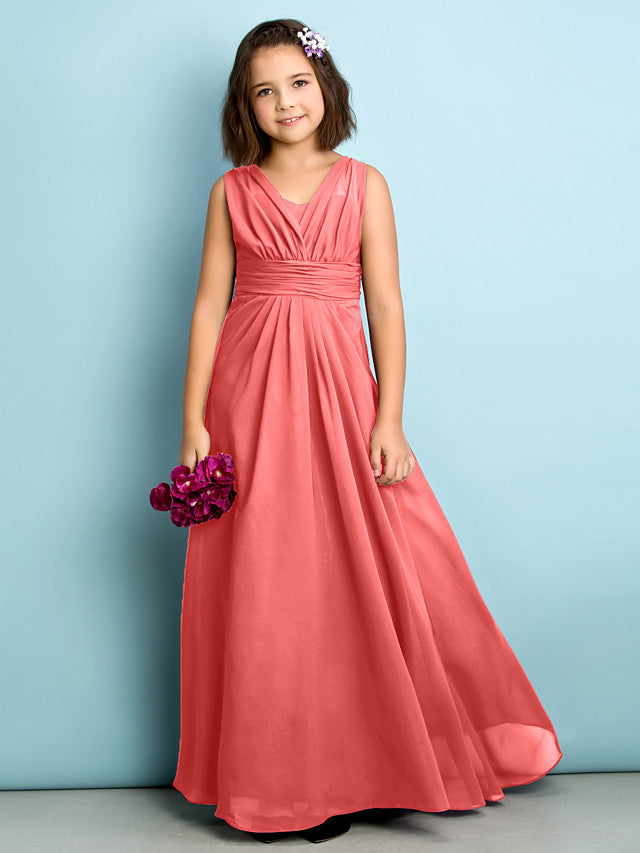 Beautiful A-Line V Neck Chiffon Flower Girl Dress Floor Length With Criss Cross Natural Mini Me-BallBride