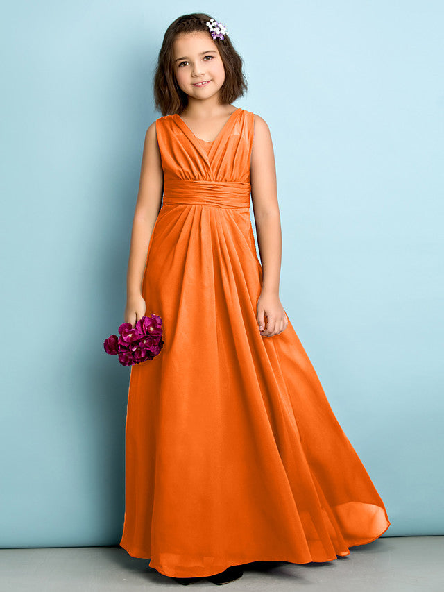 Beautiful A-Line V Neck Chiffon Flower Girl Dress Floor Length With Criss Cross Natural Mini Me-BallBride
