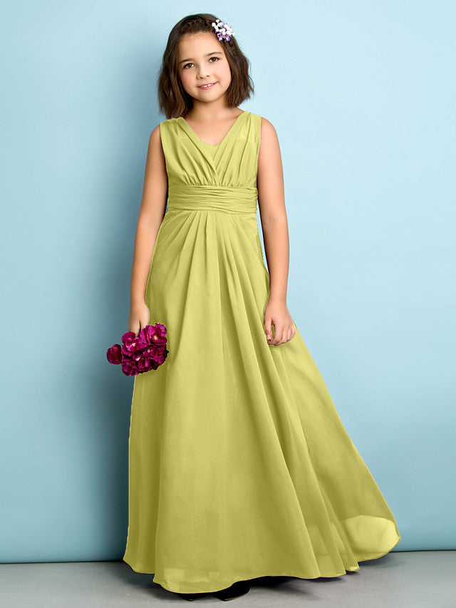 Beautiful A-Line V Neck Chiffon Flower Girl Dress Floor Length With Criss Cross Natural Mini Me-BallBride