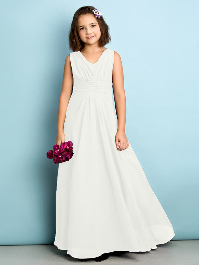 Beautiful A-Line V Neck Chiffon Flower Girl Dress Floor Length With Criss Cross Natural Mini Me-BallBride