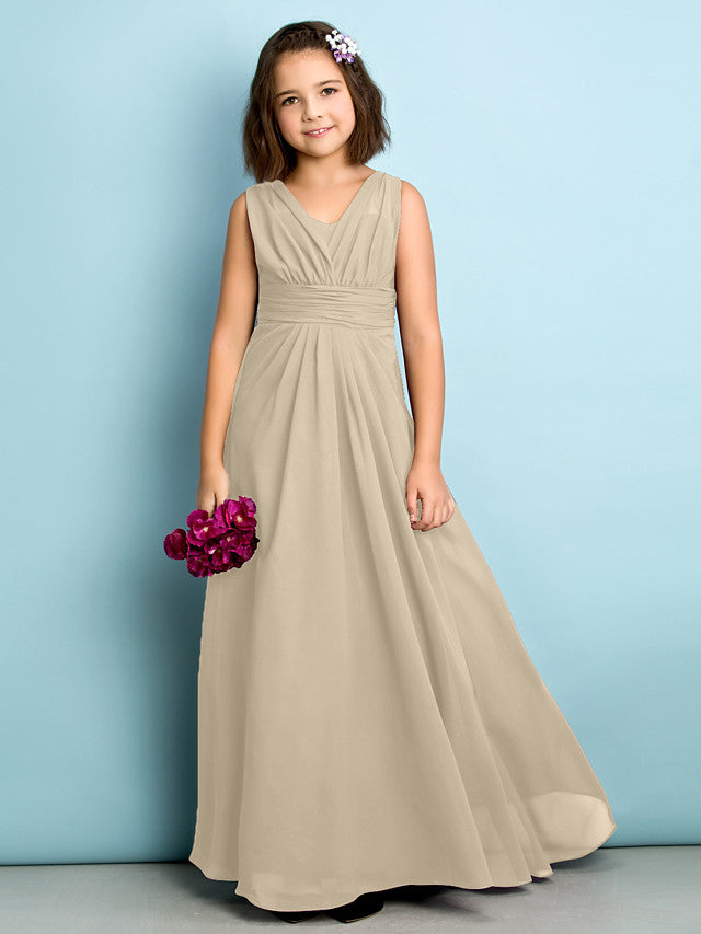 Beautiful A-Line V Neck Chiffon Flower Girl Dress Floor Length With Criss Cross Natural Mini Me-BallBride