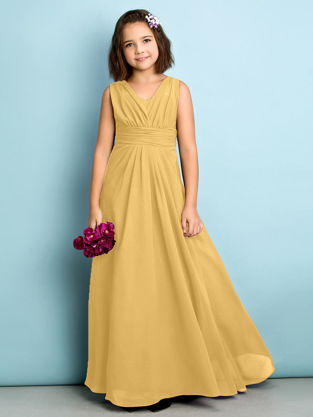 Beautiful A-Line V Neck Chiffon Flower Girl Dress Floor Length With Criss Cross Natural Mini Me-BallBride