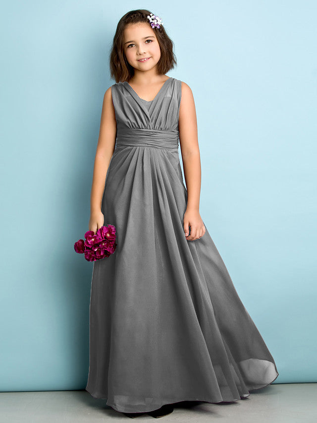 Beautiful A-Line V Neck Chiffon Flower Girl Dress Floor Length With Criss Cross Natural Mini Me-BallBride