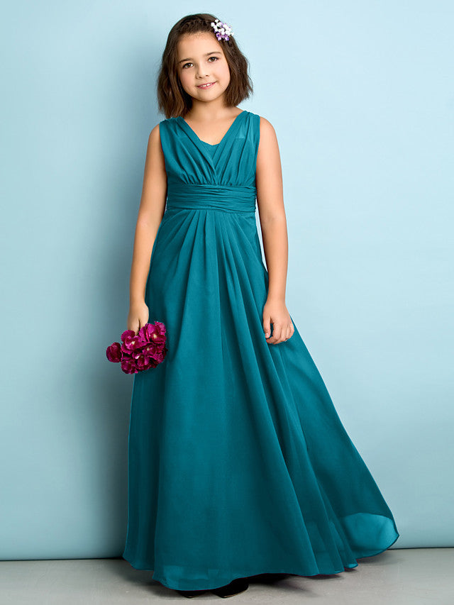 Beautiful A-Line V Neck Chiffon Flower Girl Dress Floor Length With Criss Cross Natural Mini Me-BallBride
