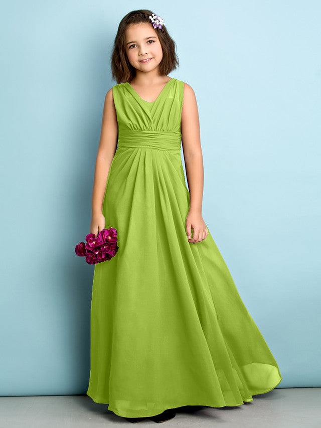 Beautiful A-Line V Neck Chiffon Flower Girl Dress Floor Length With Criss Cross Natural Mini Me-BallBride