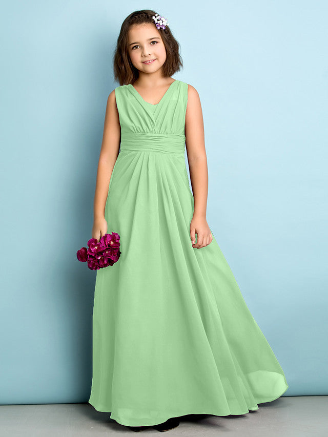 Beautiful A-Line V Neck Chiffon Flower Girl Dress Floor Length With Criss Cross Natural Mini Me-BallBride