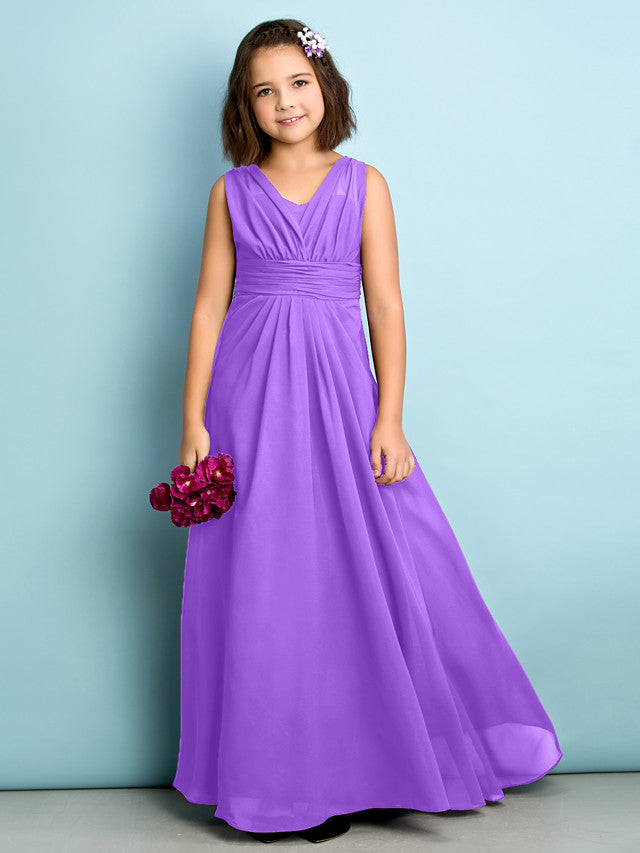 Beautiful A-Line V Neck Chiffon Flower Girl Dress Floor Length With Criss Cross Natural Mini Me-BallBride