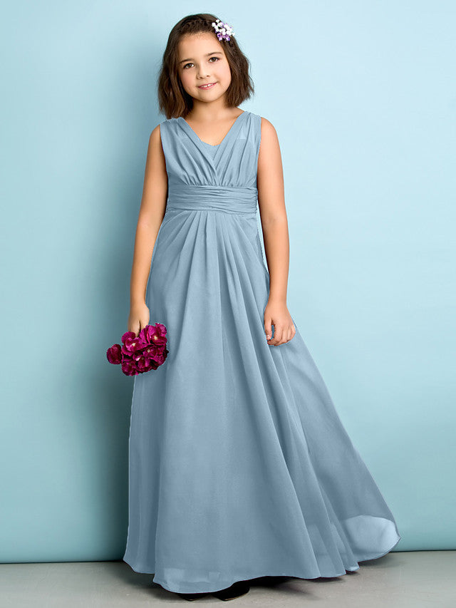 Beautiful A-Line V Neck Chiffon Flower Girl Dress Floor Length With Criss Cross Natural Mini Me-BallBride
