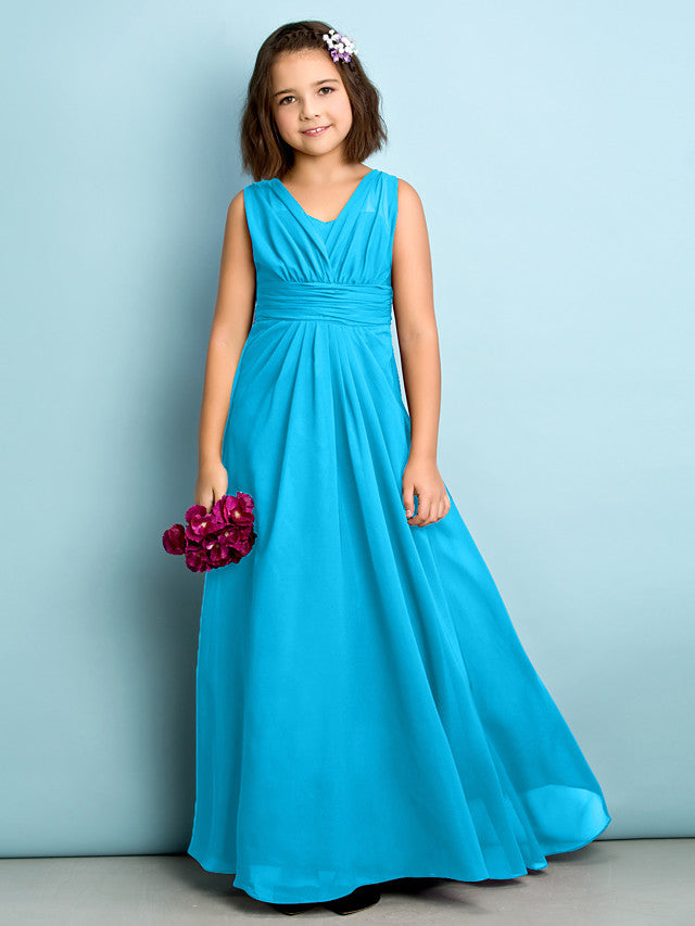 Beautiful A-Line V Neck Chiffon Flower Girl Dress Floor Length With Criss Cross Natural Mini Me-BallBride
