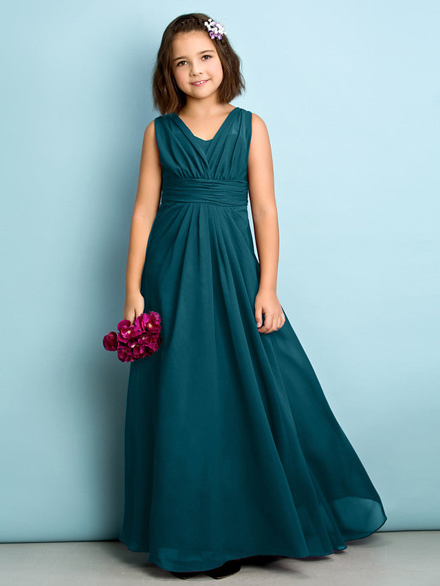 Beautiful A-Line V Neck Chiffon Flower Girl Dress Floor Length With Criss Cross Natural Mini Me-BallBride