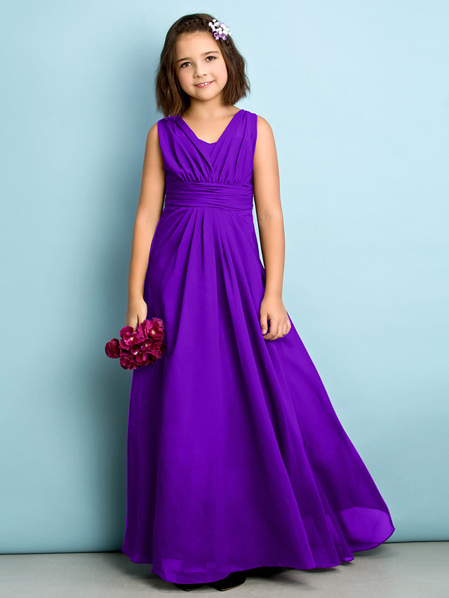 Beautiful A-Line V Neck Chiffon Flower Girl Dress Floor Length With Criss Cross Natural Mini Me-BallBride