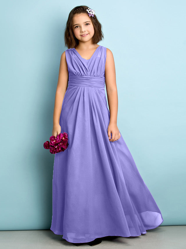 Beautiful A-Line V Neck Chiffon Flower Girl Dress Floor Length With Criss Cross Natural Mini Me-BallBride